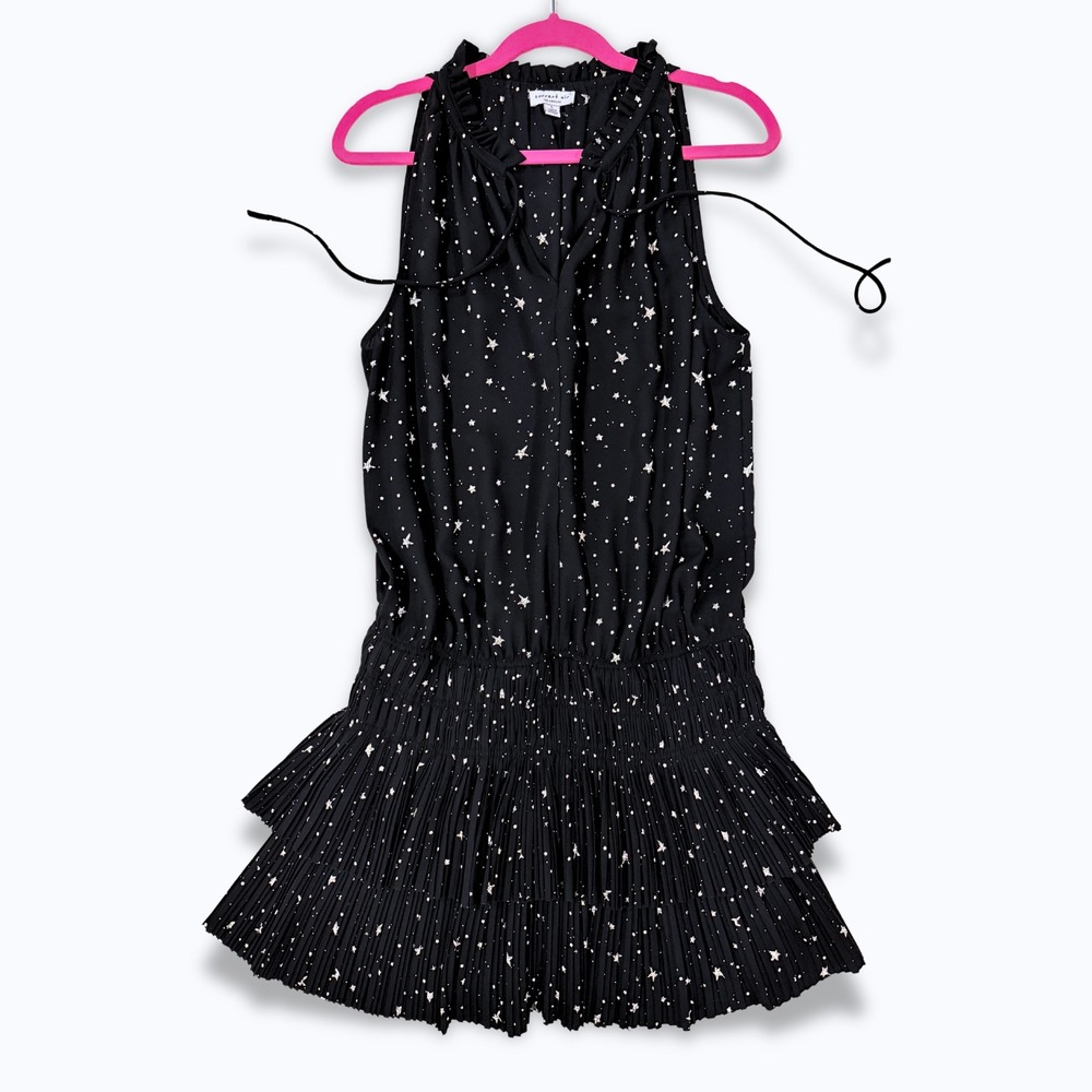 Current Air Cara Sleeveless Pleated Mini Dress Black White Star Print Large NWOT